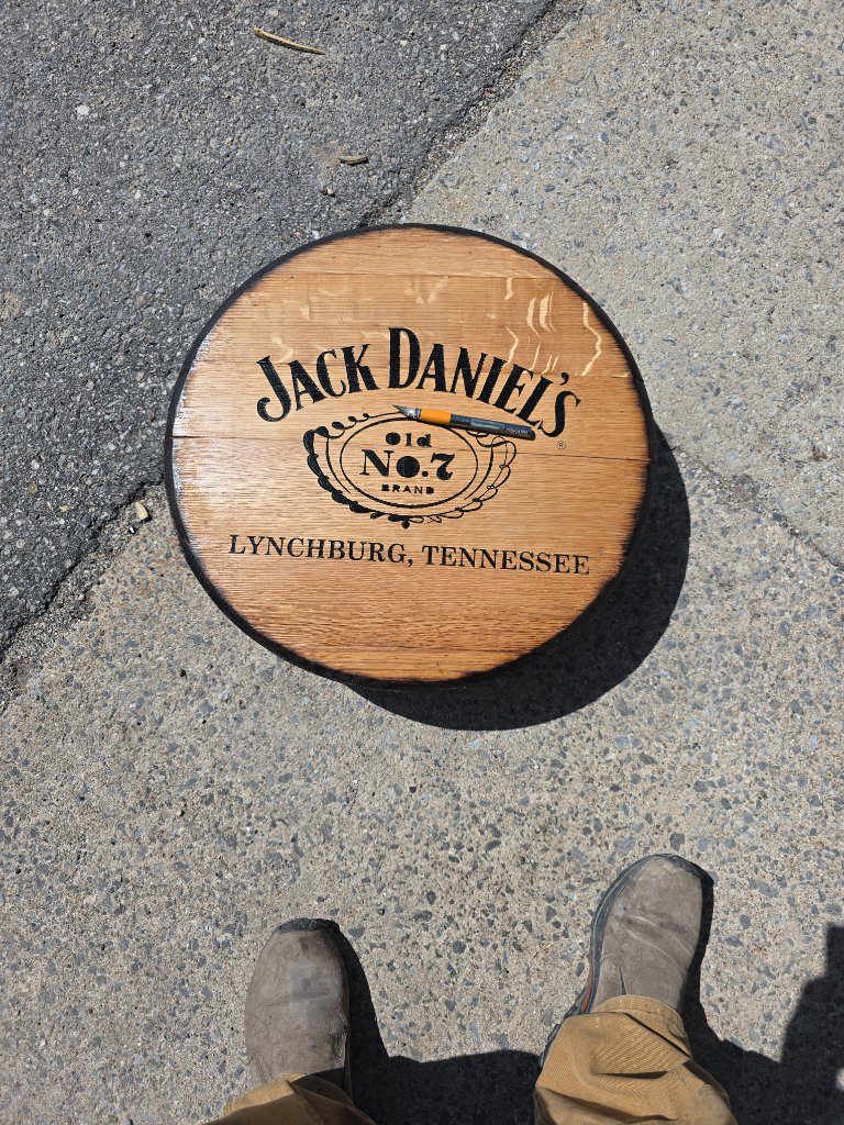 Whiskey barrel head with custom laser engraving