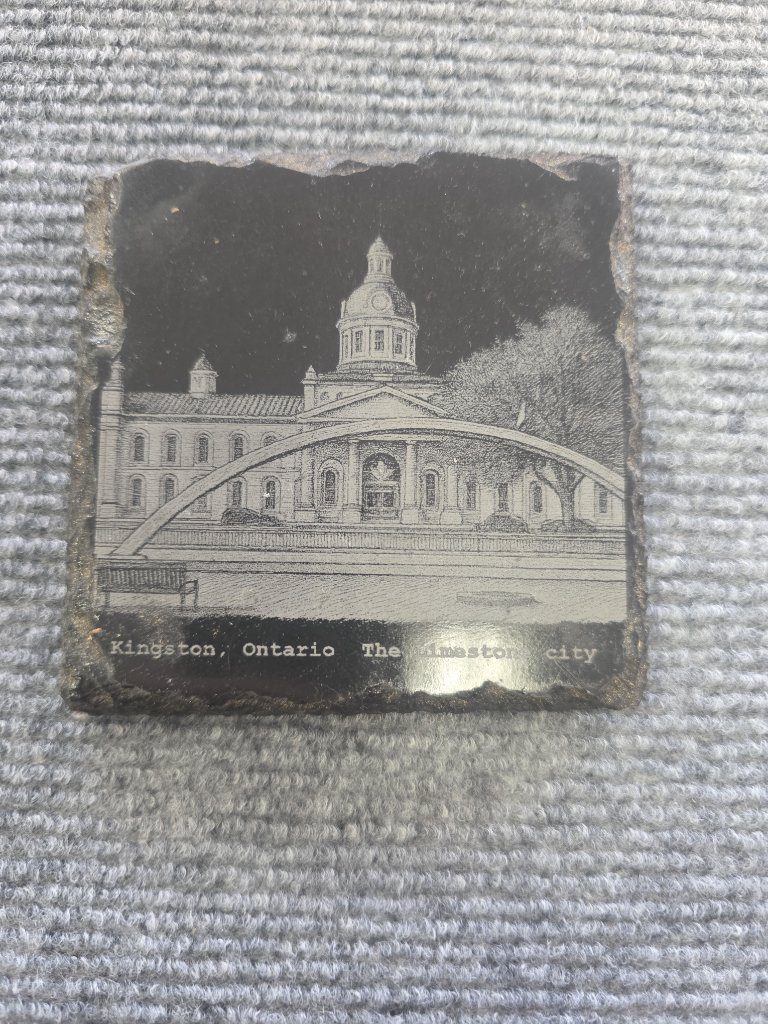 Kingston City Hall engraved on a slate coaster