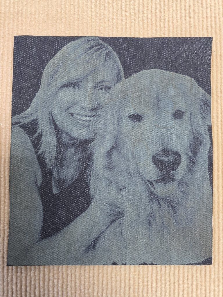 Photo laser-engraved onto denim fabric